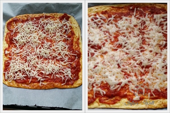 Pizzaboden Sauce und Käse vor und nach dem backen